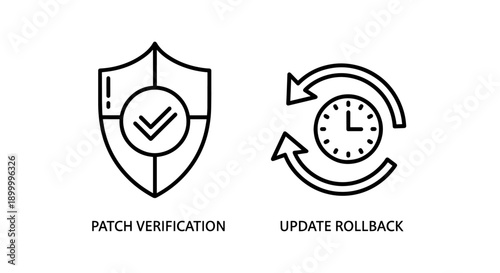 Software Update Icons: Patch Verification shield and Update Rollback cycle with clock, for secure deployment
