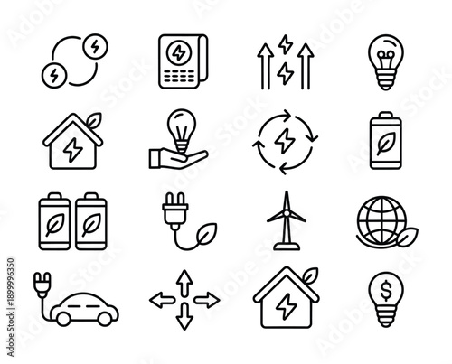 Variety of line vector icons featuring energy-related symbols for renewable sources