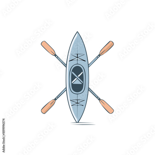 Overhead view of a sleek gray kayak and two wooden paddles crossed diagonally