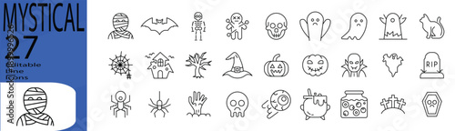 Mystical icon set. Editable stroke. Vector illustration.