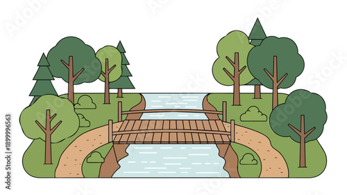Charming animated park landscape featuring a rustic wooden bridge spanning a gentle river with verdant trees and inviting pathways providing a