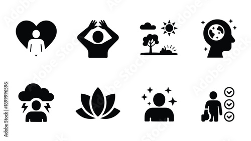 Black silhouette icons depicting mindfulness meditation nature and positive energy