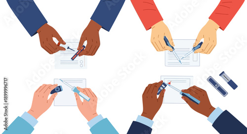Hands Applying Samples to Rapid Diagnostic Test Kits. Diverse people performing self-testing, health screening, and medical procedure illustrated.
