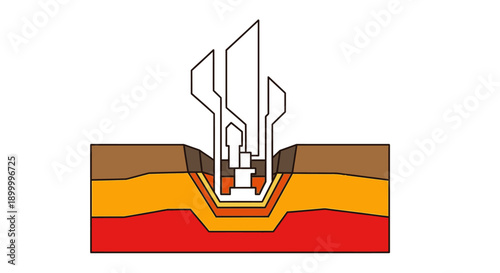 Abstract Subsurface Drilling Illustration: Geothermal Energy Probe Penetrating Earth Layers Cross-Section Diagram