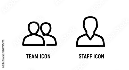 Team icon with two people and staff icon with single person silhouette, representing human resources, personnel, and teamwork, minimalist outline vector icons