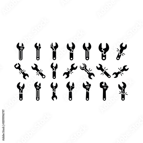 Various wrench icons are arranged on a white background for illustration.