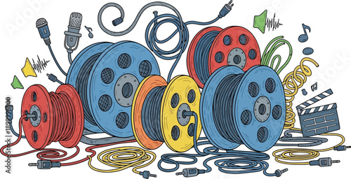 Assorted colorful film and audio reels are tangled with microphones and sound wave graphics, suggesting media production.