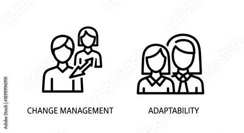 Change Management and Adaptability Icons: Representing organizational change processes, flexibility, and employee response to new situations.