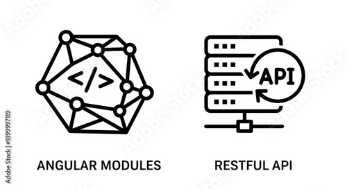 Angular Modules and RESTful API icons representing software architecture, development frameworks, system integration, and data exchange.