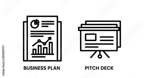 Business Plan and Pitch Deck icons representing startup strategy, investment proposals, business development, and presentation materials.
