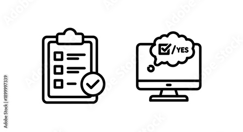 Checklist completion and online approval icons, representing task management, confirmation, and successful digital verification.
