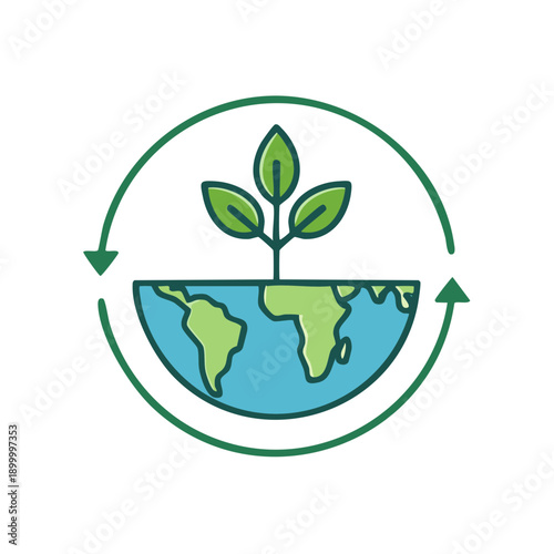 Green plant grows from a half globe encircled by recycling arrows symbolizing environmental protection and sustainability