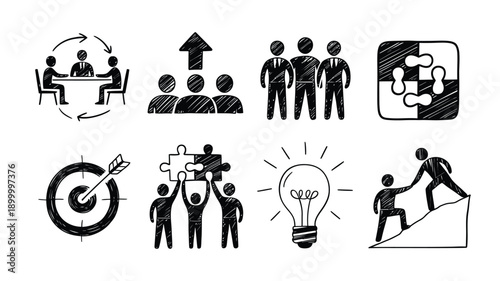 Business concepts including teamwork leadership strategy and problem solving illustrated in sketches