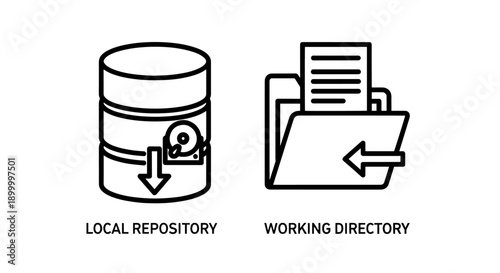 Local Repository and Working Directory Icons: Line art showing database with download arrow and folder with arrow for data storage, file management, and version control.