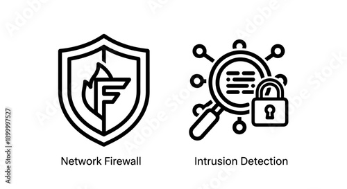Network Firewall and Intrusion Detection Icons: Line art of shield and network diagram with lock for cybersecurity, protection, and threat monitoring.