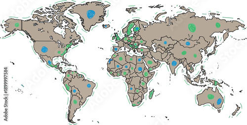 Global world map illustration displays countries with various sized blue and green circles indicating data distribution.