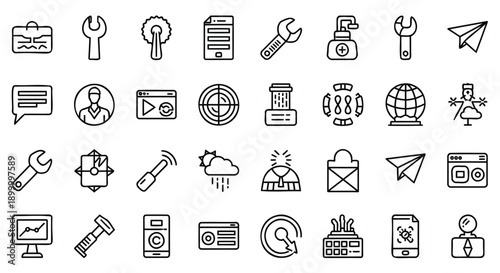 Technology and Tools Icons: Modern Digital and Mechanical Solutions for Business and Innovation