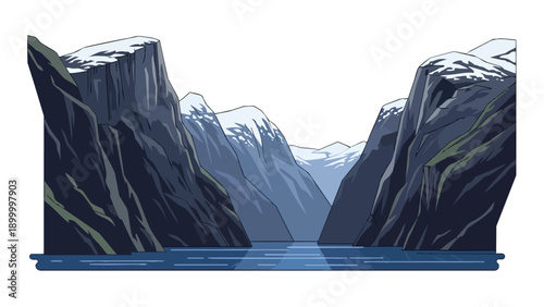 Majestic fjord landscape with snow-capped peaks and tranquil water, an idyllic nature scene illustration
