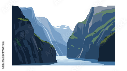 Dramatic minimalist illustration depicting a serene river flowing through a deep, stylized fjord surrounded by steep, craggy cliffs and distant peaks