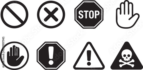 Warning Sign Icons for Stop, Smoking Ban, Entry Restriction and Hazard Alert