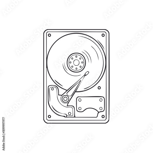 Hand drawn illustration of an open computer hard disk drive showing the platter and read write arm