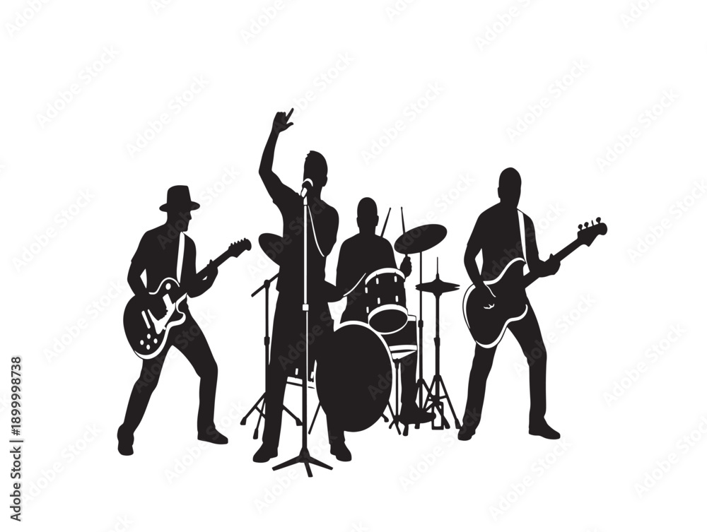 Fototapeta premium Silhouette band performing on stage with musical instruments