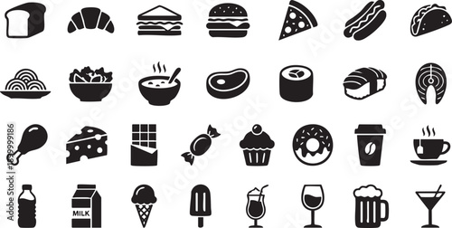 Food icons vector set with pizza burger sushi bread coffee and dessert symbols