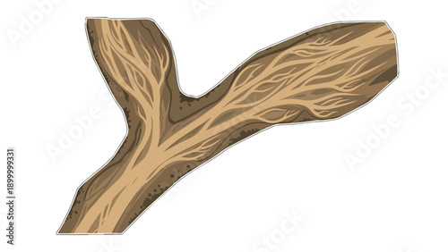 Vibrant cartoon wood branch illustration with detailed grain and natural bifurcated shape suitable for environmental themes or children's learning