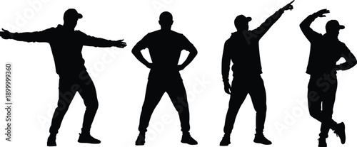 Four male dancer silhouettes performing expressive poses, urban hip hop dance movements, isolated black figures, modern choreography vector illustration on white background