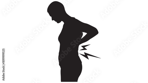 Silhouette of a woman with back pain or discomfort, vector illustration, black shape, human figure, medical or health concept, for banner or poster isolated on White Background