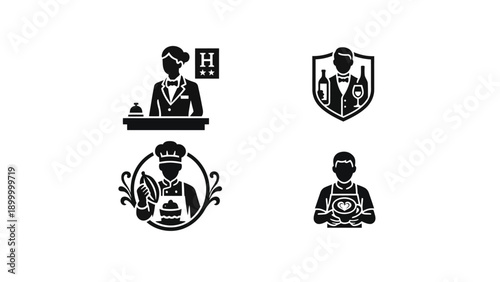 A colorful graphic illustration of various hospitality service icons on a rainbow background