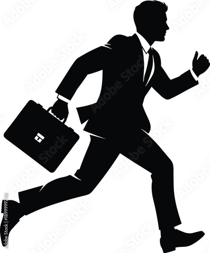 Full Body Silhouette of a Businessman Running with a Briefcase Isolated on White Background for Career Success Motivation and Late for Work Concepts