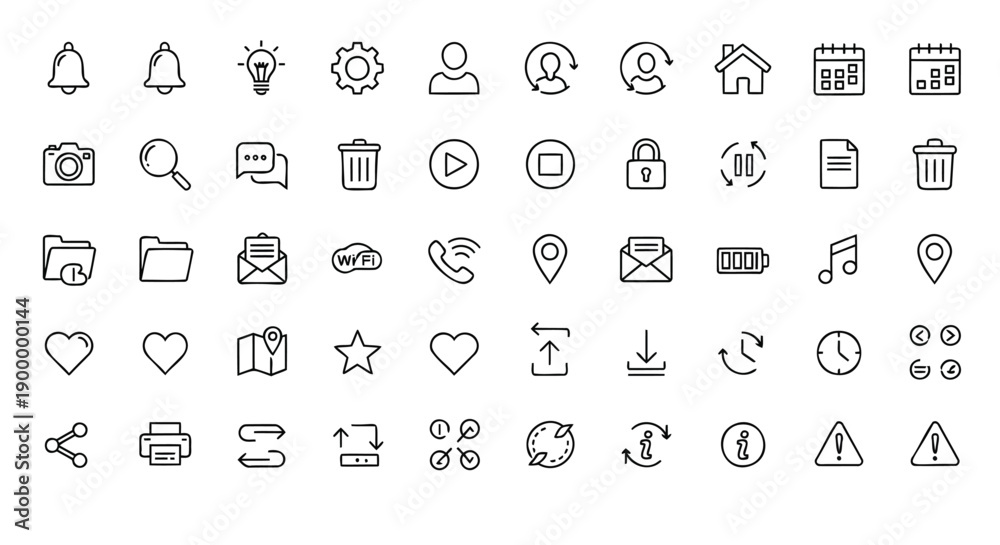 Εκτύπωση καμβά Comprehensive outline icon set for web and mobile interfaces, including navigation, social, communication, and general utility symbols