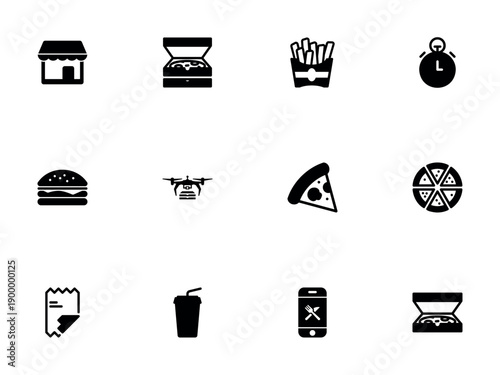 Fast Food Delivery and Online Ordering Icon Set in Silhouette Style
