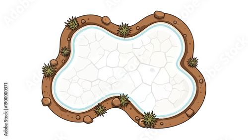 Overhead view of a desolate, dried-up pond with cracked ground, showcasing severe drought's stark impact on an arid environment and its surrounding