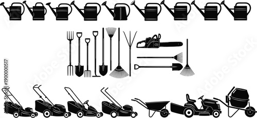 Garden tools vector illustration, landscaping equipment collection, watering cans, lawn mowers, shovels, rakes, wheelbarrow, chainsaw, cement mixer, outdoor maintenance hardware, isolated icons set.