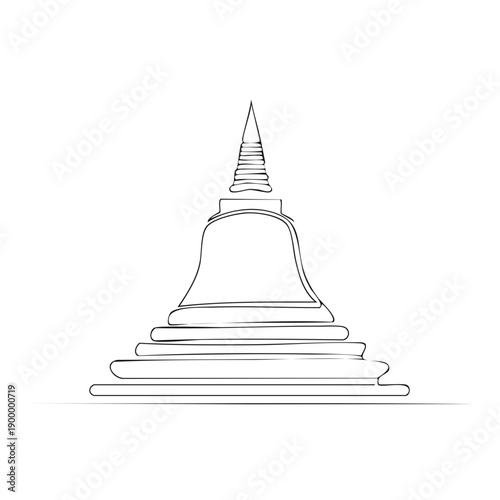 Minimalist line drawing of a tiered stupa structure from Asia with a pointed spire