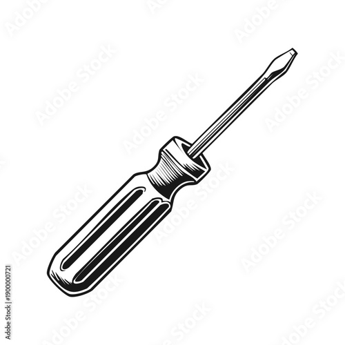 Classic hand tool flathead screwdriver illustration with wood handle and metal shaft vintage sketch style