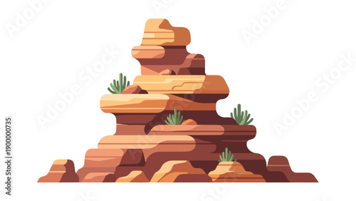 A stylized illustration of a desert rock formation showcasing warm layered geological strata with small green plants a beautiful representation of
