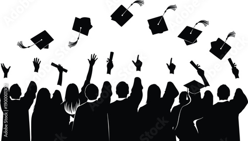 Graduation celebration silhouette crowd throwing caps, happy students raising hands, academic success ceremony concept, education achievement vector illustration isolated black university college 