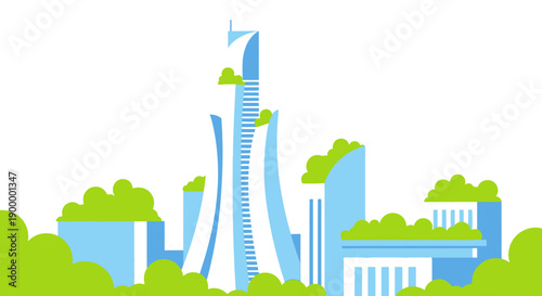 Sustainable Future City Illustration. Eco-Friendly Green Architecture, Modern Skyscrapers, and Urban Vegetation Design Concept.
