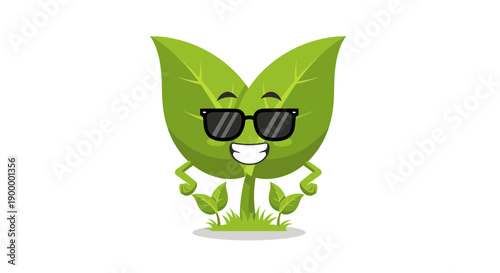 cartoon leaf wearing sunglasses standing on grass smile in front view illustration