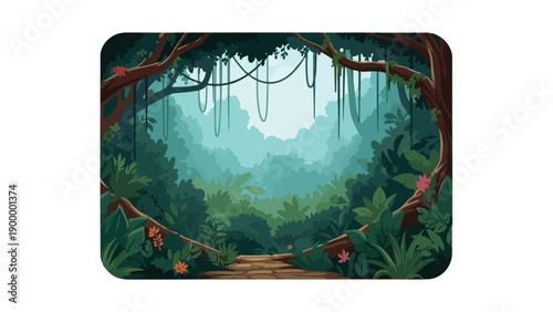 Verdant jungle path inviting exploration. Lush foliage, towering trees, and hanging vines create a mysterious, serene tropical wilderness.