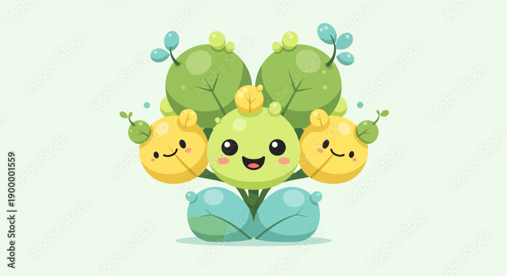 Obraz premium Cheerful broccoli with crown and leaves smiling among yellow smiley faces in digital illustration