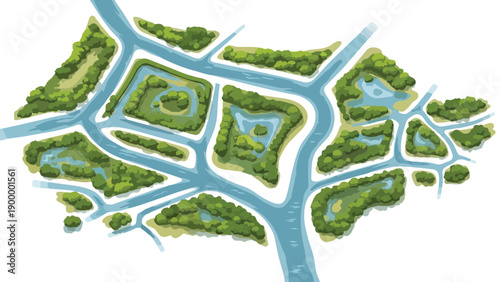 Complex vibrant green island clusters interconnected by winding blue waterways an abstract elevated perspective showcasing an intricate natural