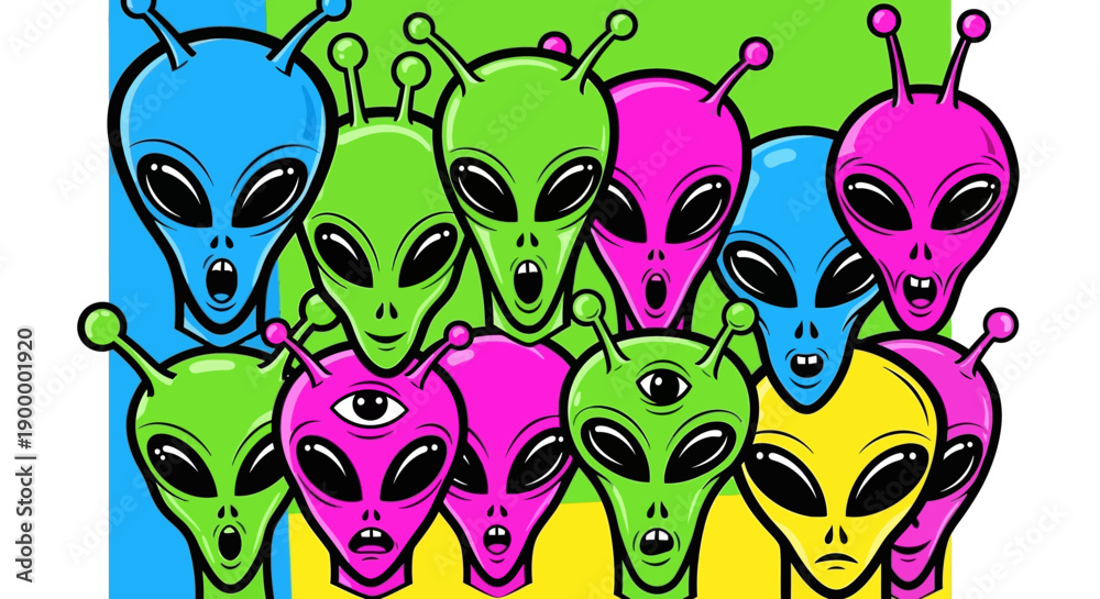 Obraz premium Colorful Cartoon Alien Faces.