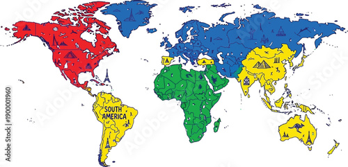 World map is divided into four colored continental regions using stylized landmark icons within the boundaries.