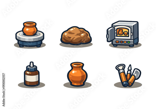 Pottery crafting tools and materials set with ceramic and clay icons