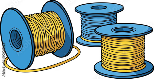 Three spools of yellow and blue electrical wire are positioned closely together on a plain white background for industrial.