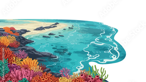 A vibrant underwater coral reef ecosystem thrives near a serene tropical beach with clear turquoise waters and scattered rocks an idyllic marine
